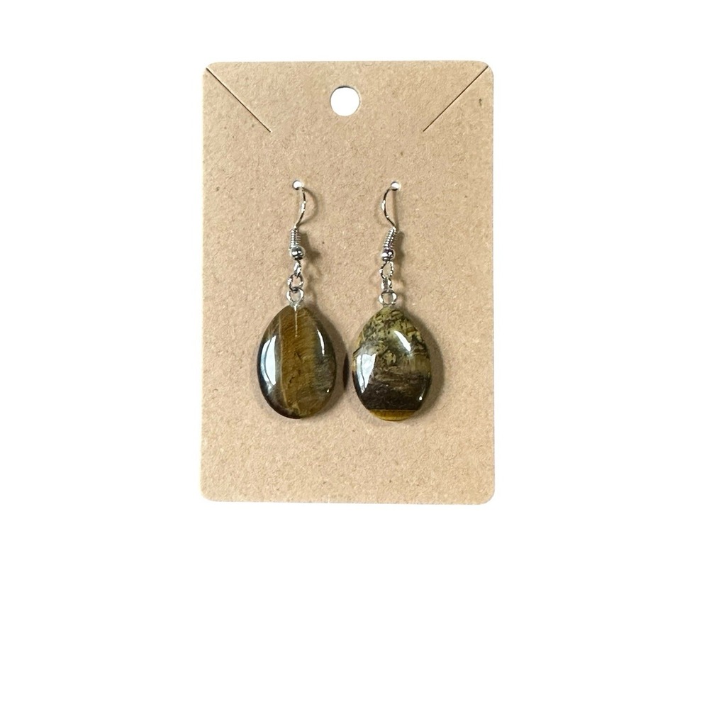 Handmade Tigers Eye Teardrop‎ Dangle Earrings Silver Tone Boho Natural Stone